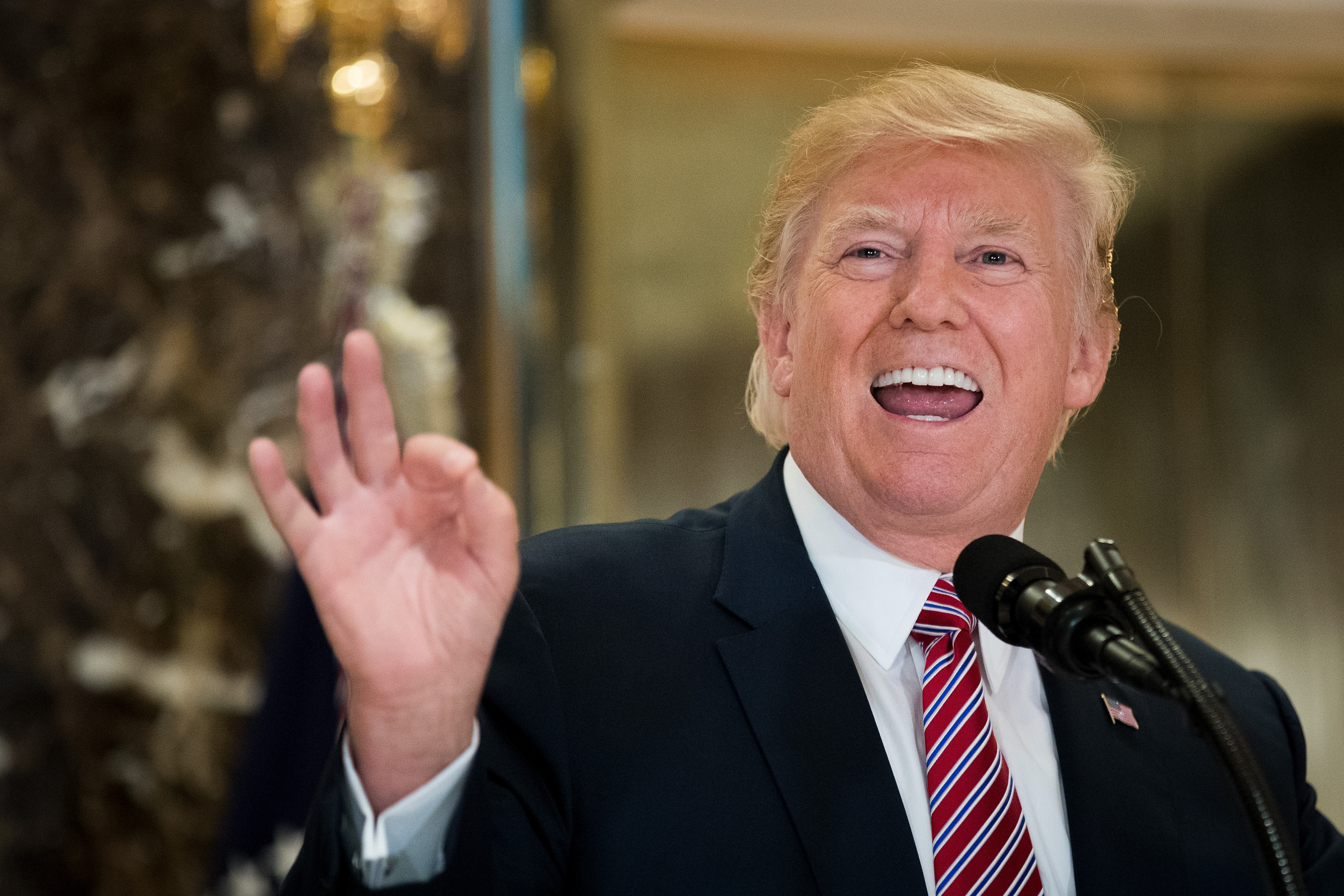 NEW YORK, NY - AUGUST 15: US President Donald Trump speaks following a meeting on infrastructure at Trump Tower, August 15, 2017 in New York City. He fielded questions from reporters about his comments on the events in Charlottesville, Virginia and white supremacists. (Photo by Drew Angerer/Getty Images)