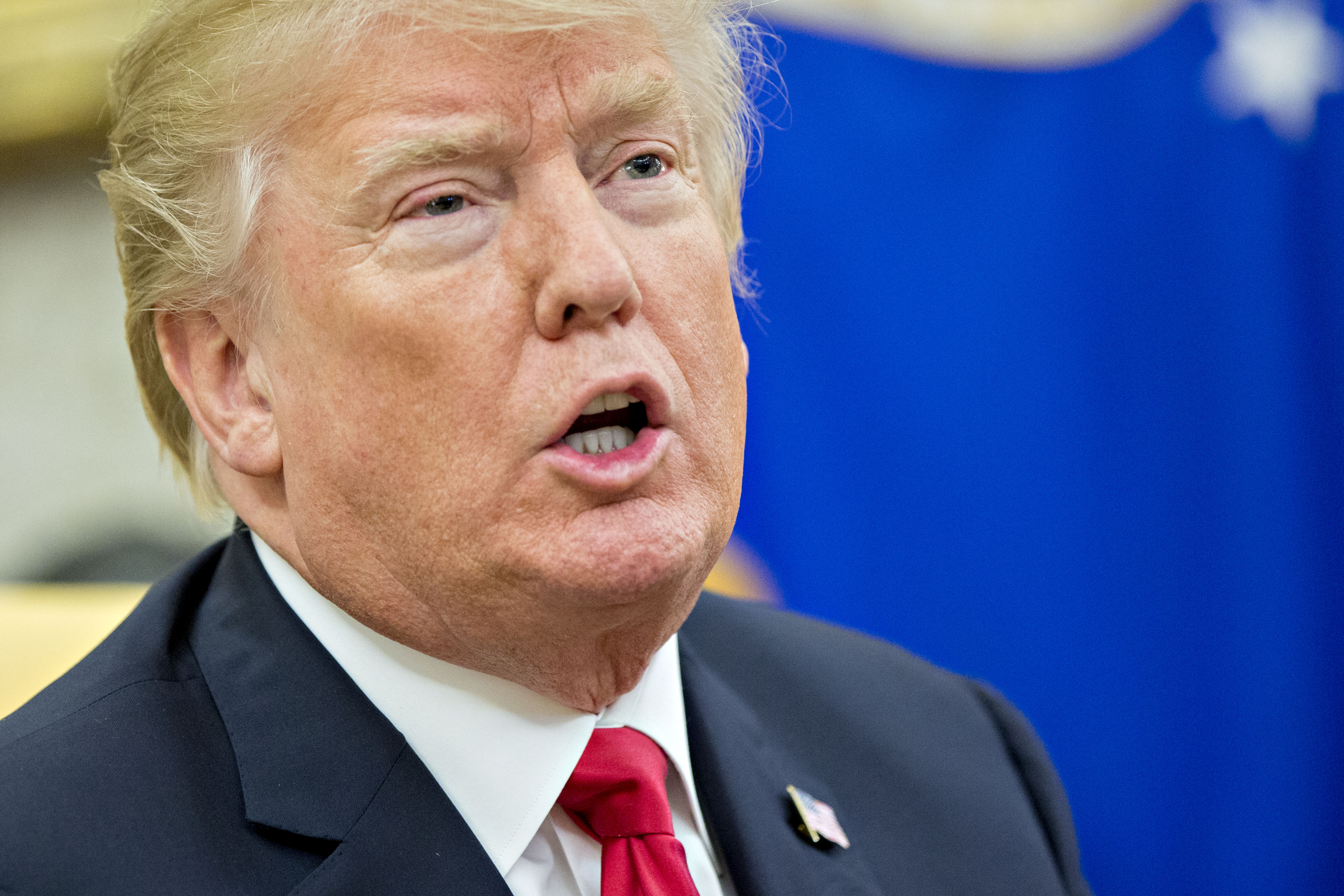 WASHINGTON, DC - MARCH 6:  U.S. President Donald Trump speaks during a meeting with Swedish Prime Minister Stefan Lofven in the Oval Office of the White House March 6, 2018 in Washington, D.C. Trump and Lofven were expected to discuss Trump's announcement last week of planned tariffs on imported steel and aluminum.  (Photo by Andrew Harrer-Pool/Getty Images)