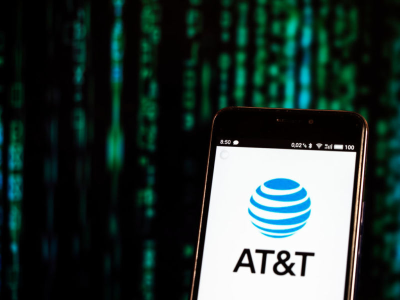 KIEV, UKRAINE - 2018/09/12:  In this photo illustration, the AT&T logo seen displayed on a smartphone. (Photo Illustration by Igor Golovniov/SOPA Images/LightRocket via Getty Images)