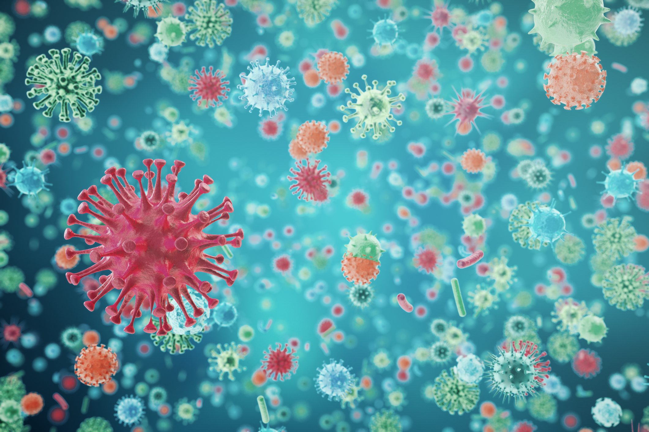 Viruses in infected organism, viral disease epidemic, virus abstract background. 3d rendering.